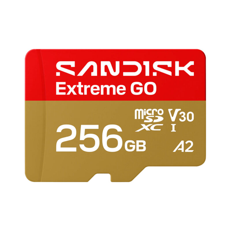 Tarjeta microSD SanDisk Extreme GO de 256 GB, clase V30, ideal para almacenamiento de alta velocidad.