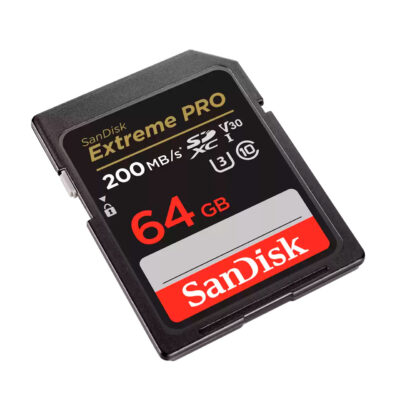 Tarjeta SD SanDisk Extreme PRO de 64 GB, velocidad de lectura de 200 MB/s, ideal para cámaras profesionales.