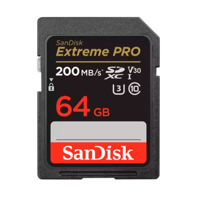 Tarjeta SanDisk Extreme PRO de 64GB, velocidad de 200 MB/s, ideal para cámaras y grabación 4K.
