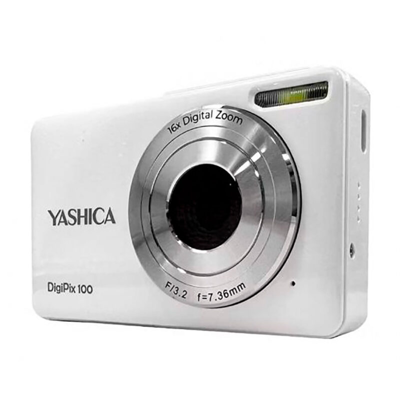 yas100000-1-56e Cámara Yashica DigiPix 100, diseño compacto blanco, con zoom digital de 16x y apertura de f/3.2.
