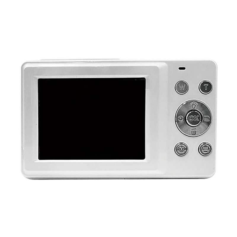 yas100000-2-846 Cámara compacta blanca con pantalla LCD grande y botones de control, ideal para fotografía casual.