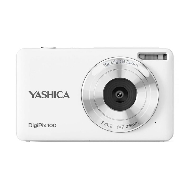 Cámara Yashica DigiPix 100, color blanco, con zoom digital de 16x y lente de 7.36mm f/3.2 para fotos nítidas.