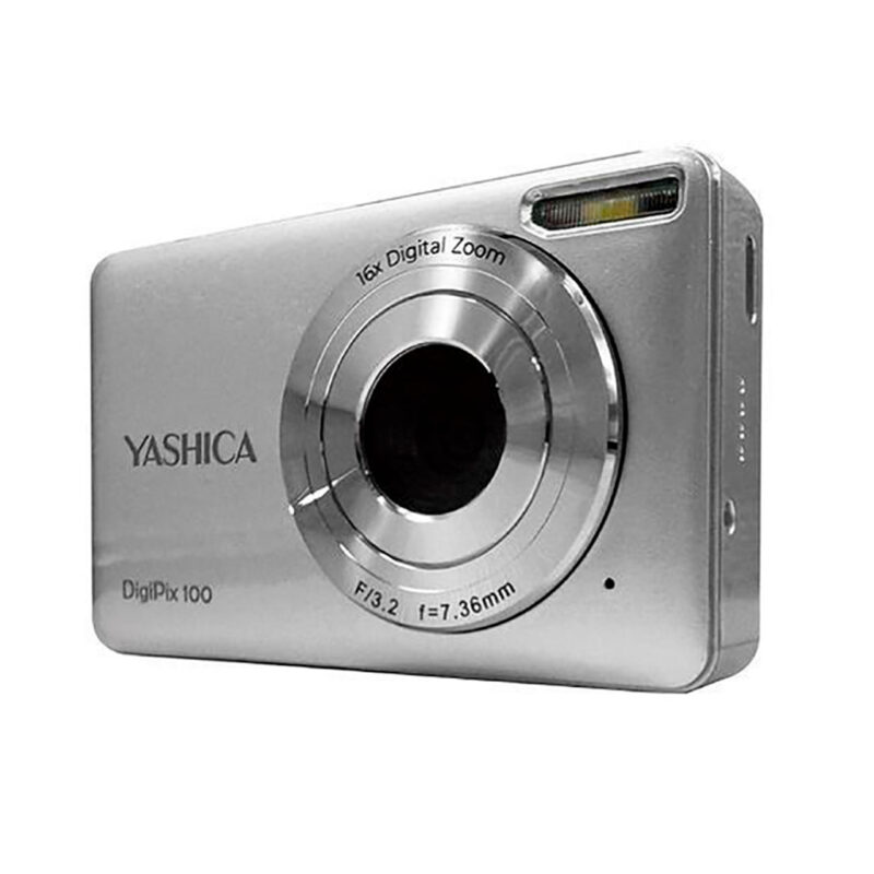 yas100001-2-0bf Cámara digital Yashica DigiPix 100 con zoom digital de 16x y diseño elegante en color plateado.