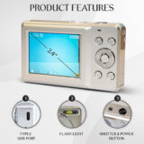 Cámara digital compacta con pantalla de 2.4", puerto USB Tipo C y botón de obturador, ideal para fotografía portátil.