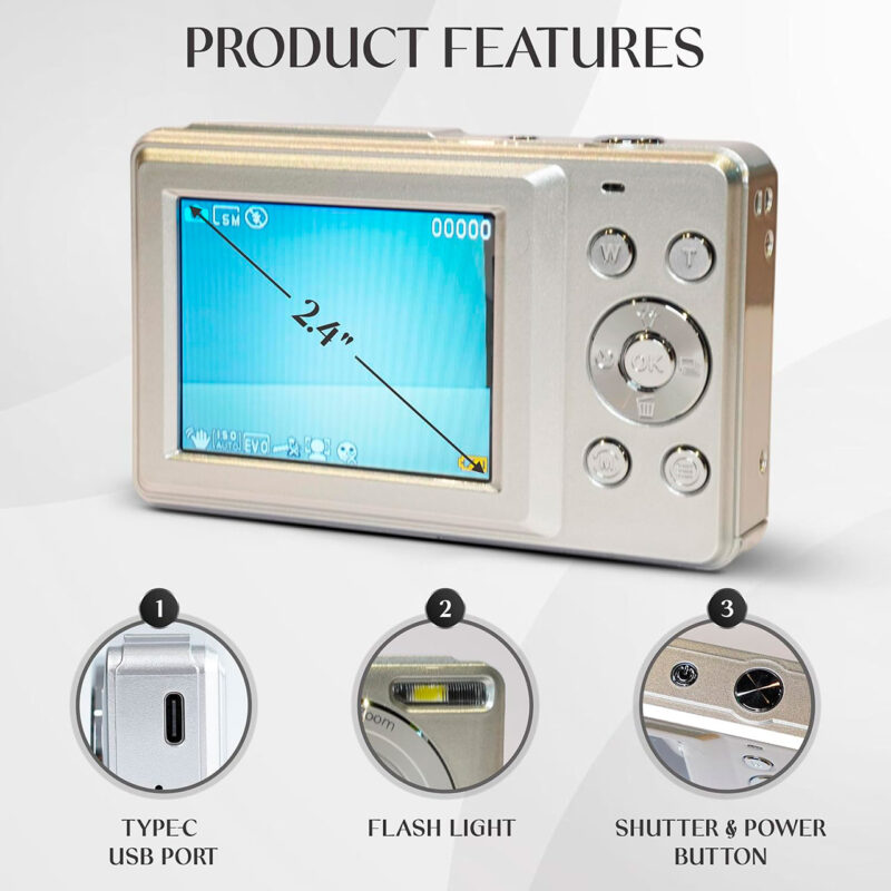 yas100001-5-ce9 Cámara digital compacta con pantalla de 2.4", puerto USB Tipo C y botón de obturador, ideal para fotografía portátil.