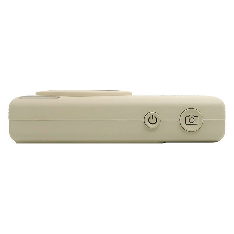 yas100005-1-787 Cámara compacta beige con botones de encendido y obturador, ideal para fotografía casual y viajes.