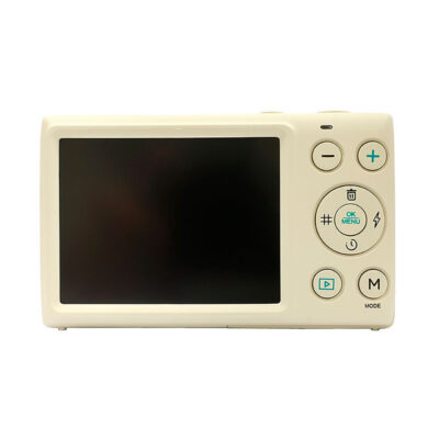 Cámara digital compacta, fondo negro y botones de control en crema, ideal para fotografía cotidiana.