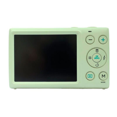 Cámara compacta, diseño verde claro, pantalla trasera y botones de control para configuración fácil. Ideal para fotografía personal.
