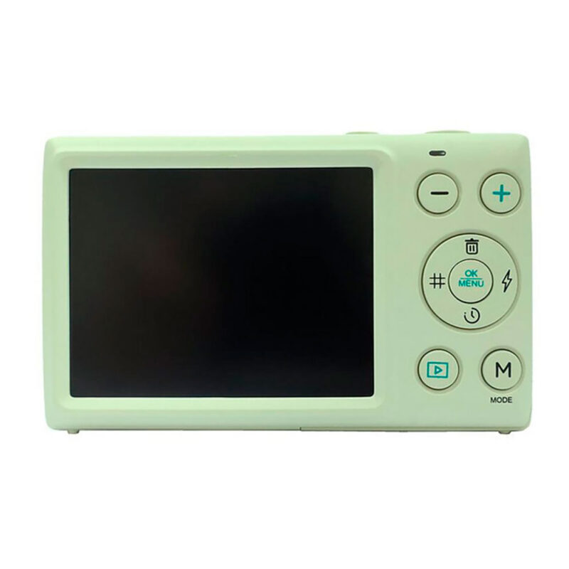 yas100006-1-8f0 Cámara compacta, diseño verde claro, pantalla trasera y botones de control para configuración fácil. Ideal para fotografía personal.