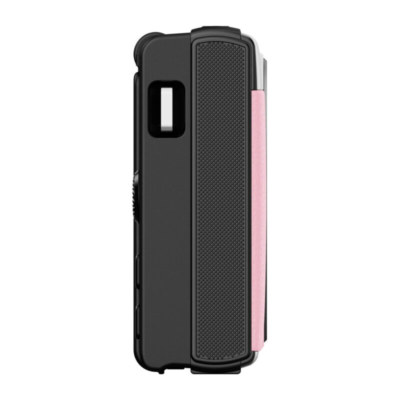 yas100010-3-702 Funda de teléfono OtterBox con diseño de textura negra y detalles en color rosa, compatible con modelos de smartphone.
