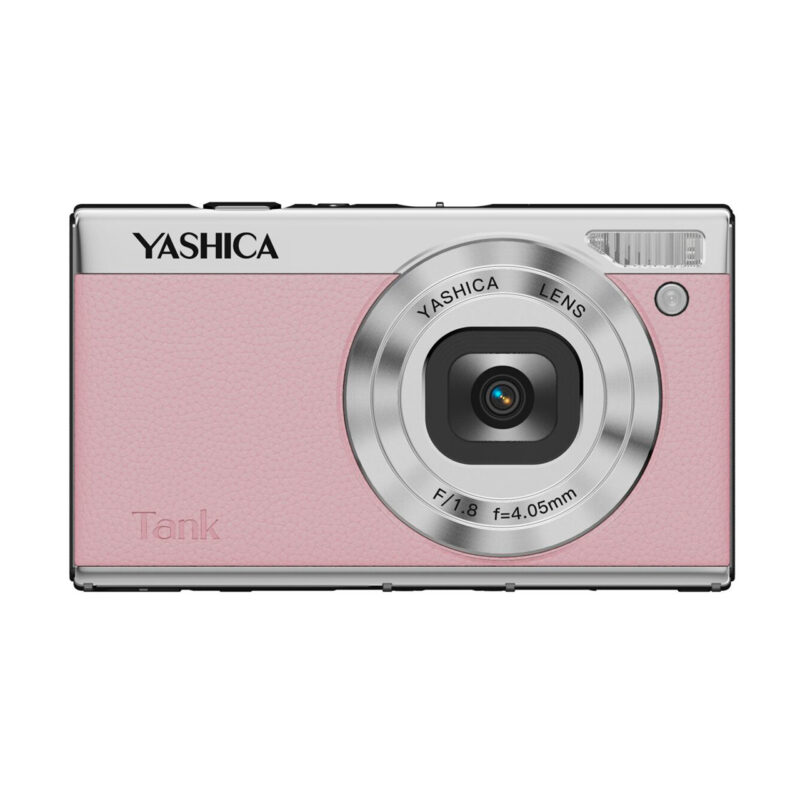 Cámara Yashica Tank de color rosa con lente de 4.05 mm y apertura f/1.8 para fotografía compacta.