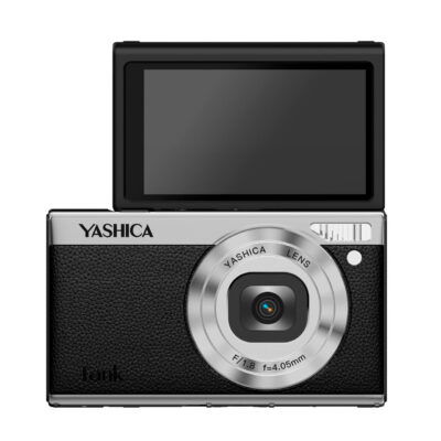 Yashica Tank with flip-up screen, f/1.8 lens, compact camera ideal for casual photography.