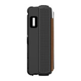 Funda para smartphone con diseño elegante, textura negra y detalles en cuero, compatible con dispositivos modernos.
