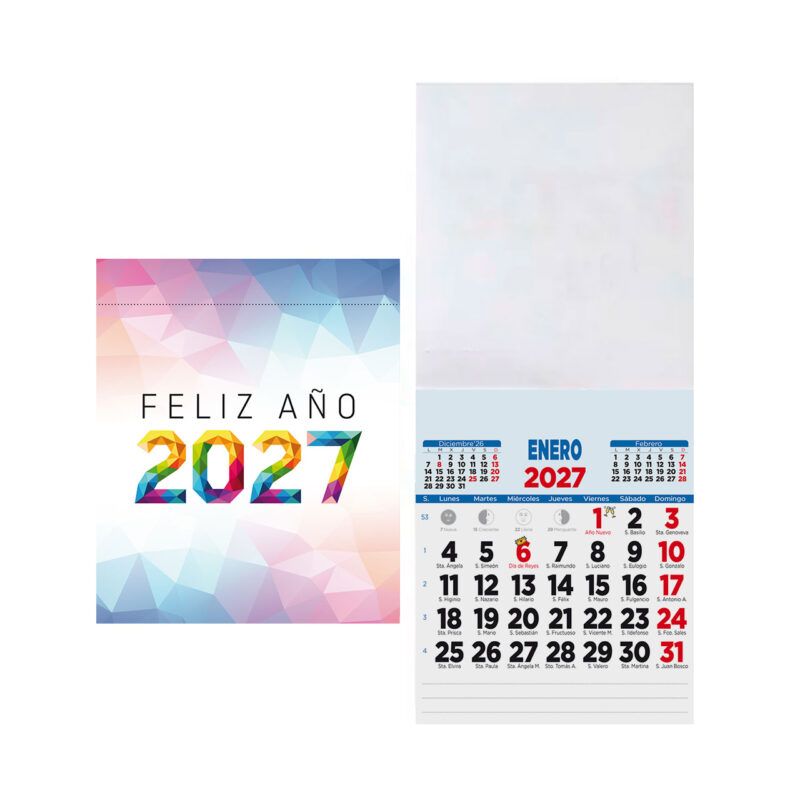 Calendario 2027 con diseño colorido y opciones de mes a mes para enero; ideal para organización y planificación.