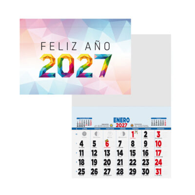 Calendario 2027 con diseño colorido y festivo, muestra enero y días de la semana destacando fechas importantes.