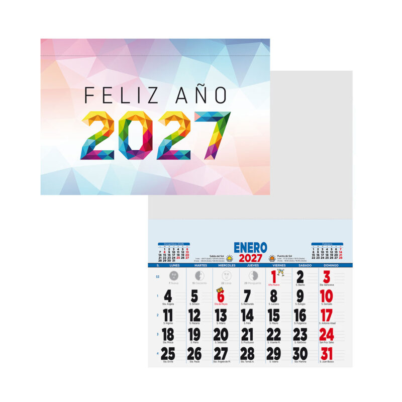 Calendario 2027 con diseño colorido y festivo, muestra enero y días de la semana destacando fechas importantes.