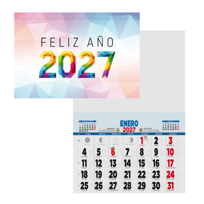 Calendario de pared 2027 con diseño colorido, muestra 'Feliz Año 2027' y mes de enero resaltado. Ideal para organización.
