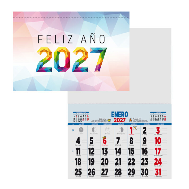 Calendario de pared 2027 con diseño colorido, muestra 'Feliz Año 2027' y mes de enero resaltado. Ideal para organización.