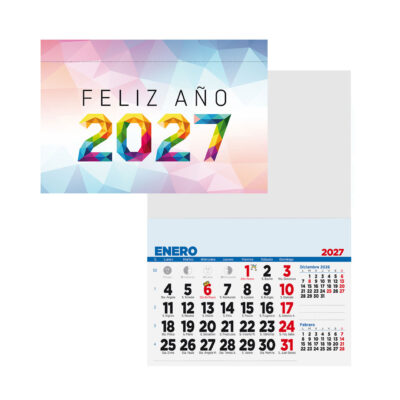 Calendario de pared 2027 con diseño colorido y fechas de enero, ideal para organización y planificación.