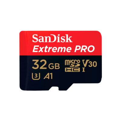 SanDisk Extreme PRO microSD card, 32GB, class U3, ideal for 4K recording and data storage.