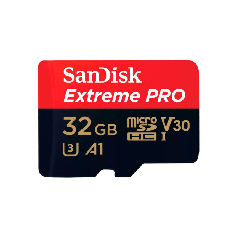 SanDisk Extreme PRO microSD card, 32GB, class U3, ideal for 4K recording and data storage.