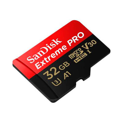 SanDisk Extreme PRO 32GB microSD card, V30 speed, ideal for 4K recording and professional photography.