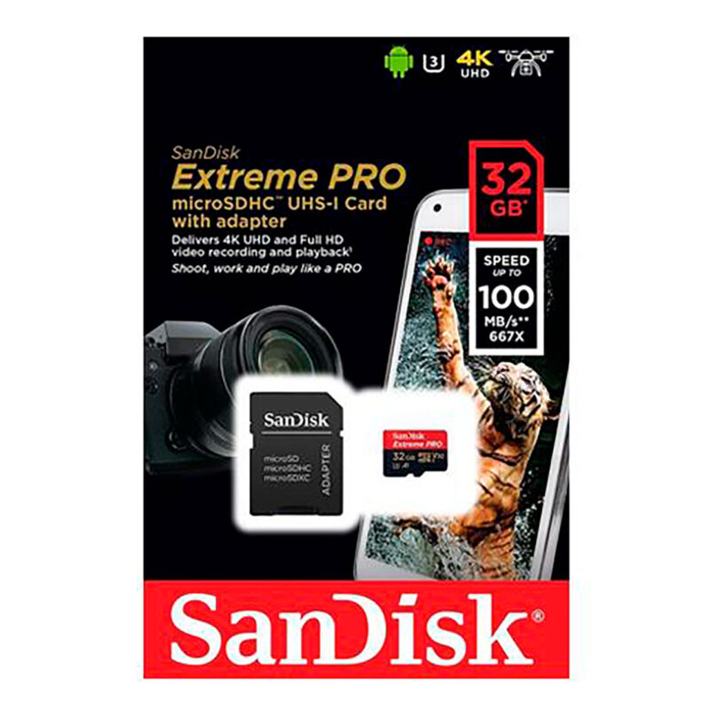 SDK404430-2-B13 SanDisk Extreme PRO 32GB microSD card, compatible with 4K video recording and adapter included.