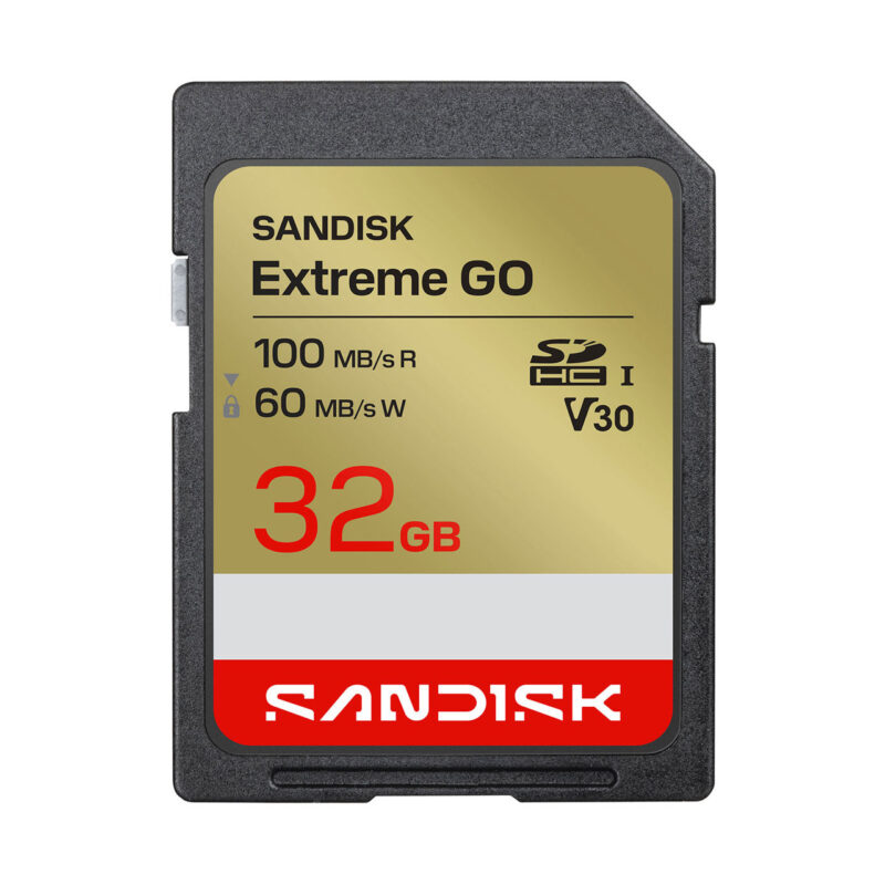 SanDisk Extreme GO 32 GB SD card, read speed 100 MB/s and write speed 60 MB/s, ideal for cameras.