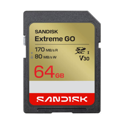 SanDisk Extreme GO 64GB memory card, read speed 170MB/s, ideal for cameras and 4K recording.