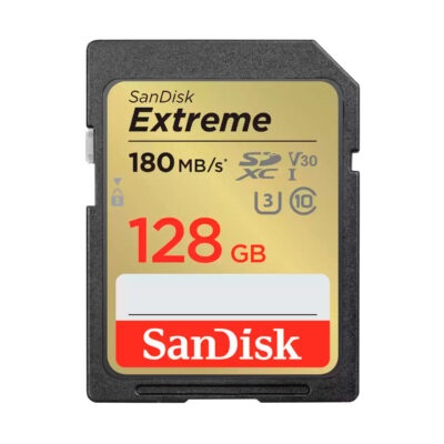 SanDisk Extreme 128GB card, speed 180MB/s, ideal for cameras and 4K recording.