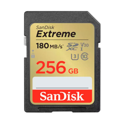 SanDisk Extreme SDXC 256GB with 180MB/s speed, ideal for high-resolution recordings on cameras.