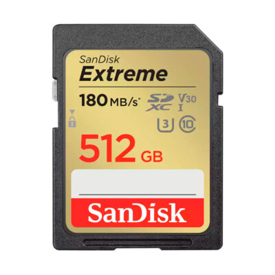 SanDisk Extreme 512GB card, 180MB/s read speed, ideal for high-quality cameras.