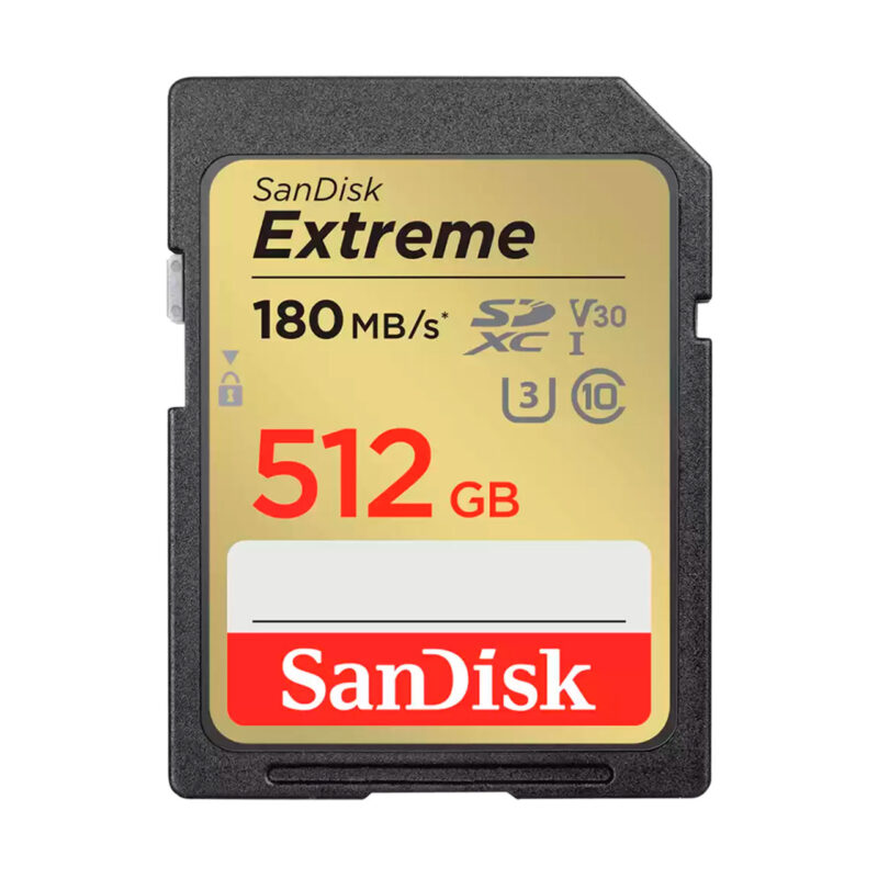 SanDisk Extreme 512GB card, 180MB/s read speed, ideal for high-quality cameras.
