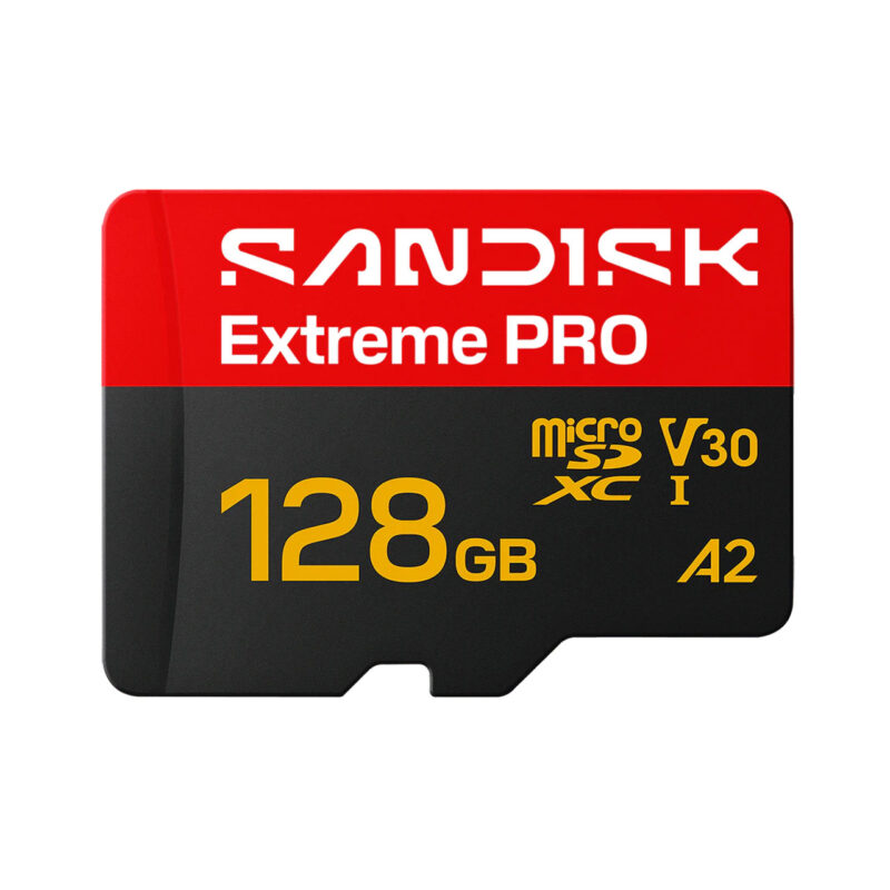 Sandisk Extreme Pro 128GB microSD card, V30, for high-speed storage in photography and video.