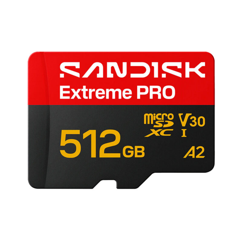 SanDisk Extreme PRO 512GB microSD card, class V30, ideal for 4K video recording and professional photography.