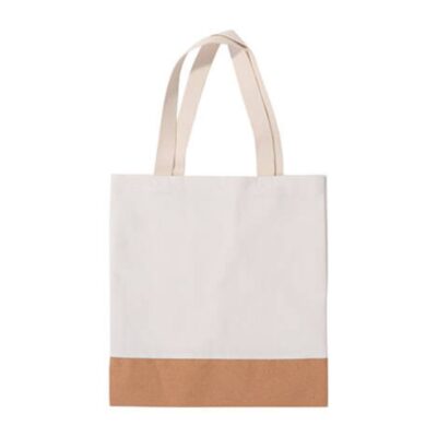 Bolsa de algodón blanco con base marrón y asas largas, ideal para compras y uso diario.