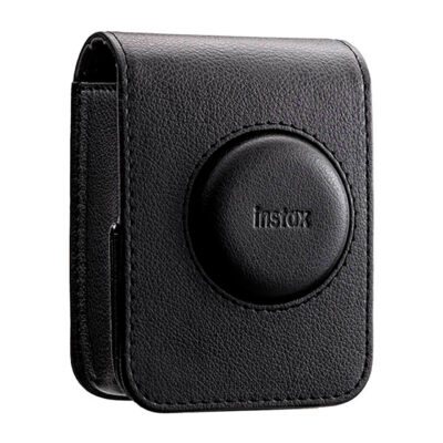 Funda de cámara Instax, diseño de cuero negro, protección compacta para cámaras instantáneas.