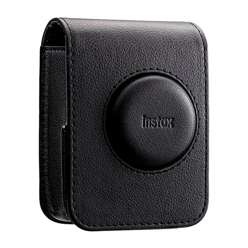 fuj170258-1-4a5 Funda de cámara Instax, diseño de cuero negro, protección compacta para cámaras instantáneas.