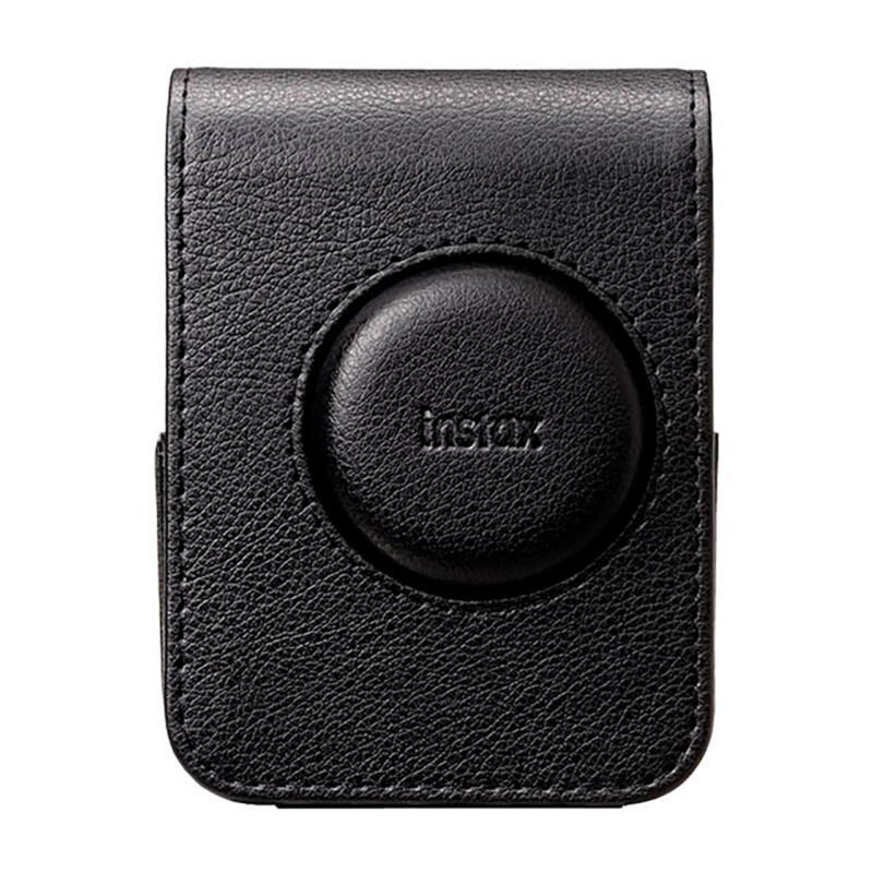 Funda de cámara Instax en cuero negro, diseño compacto con botón de cierre para protección y estilo.