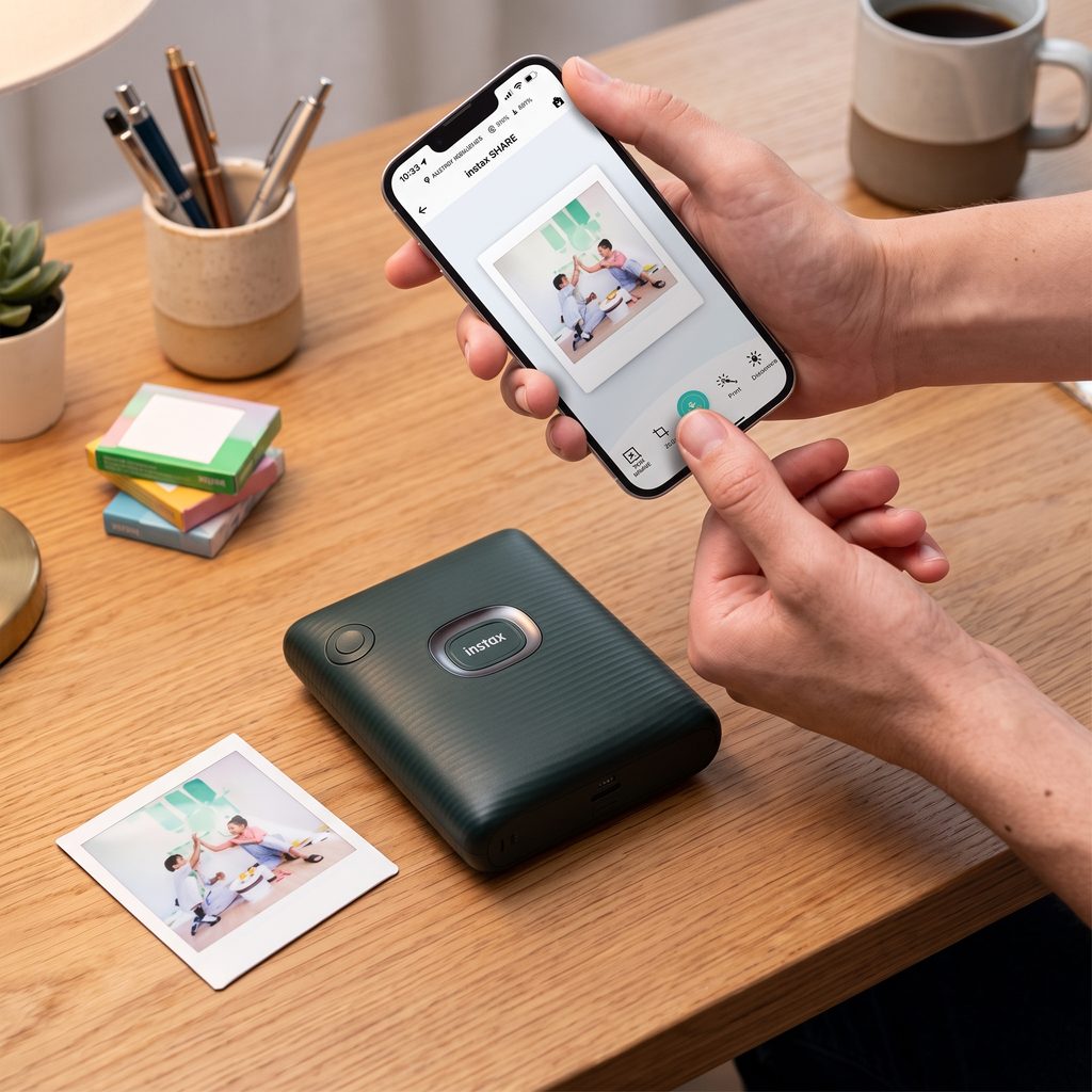 Impresora Portátil Instax Share, Modelo Sp-3, Junto A Una Foto Instantánea Y Un Smartphone En Una Mesa.