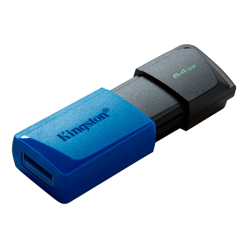 kig404255-2-640 USB Kingston de 64GB, diseño portátil con carcasa azul, ideal para almacenamiento y transferencia de datos.