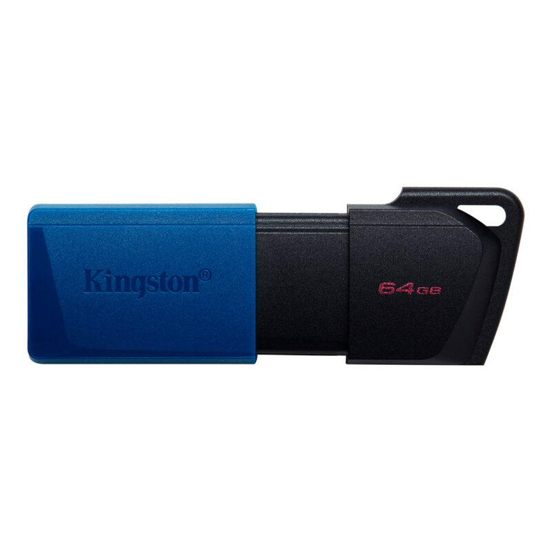 Unidad flash Kingston de 64GB, diseño azul y negro, ideal para almacenamiento portátil y transferencia de datos rápida.