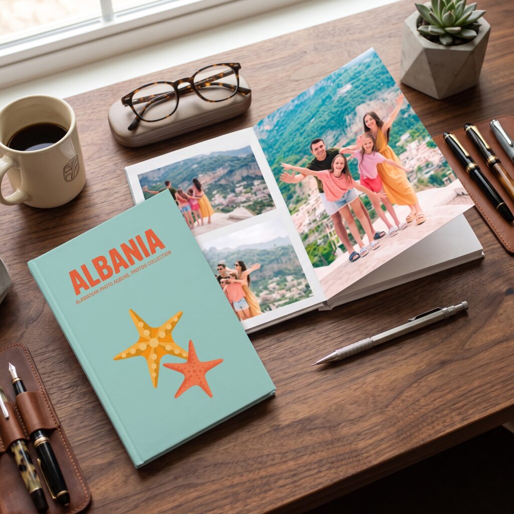Álbum De Fotos &Quot;Albania&Quot; Sobre Una Mesa, Mostrando Imágenes De Paisaje Y Familias En Vacaciones, Junto A Accesorios De Oficina.