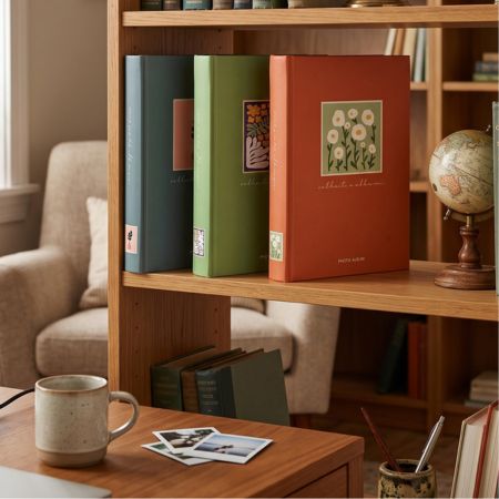 Libros De Tapa Dura En Estantería Con Ilustraciones, Decorando Espacio De Trabajo Acogedor Y Organizado.