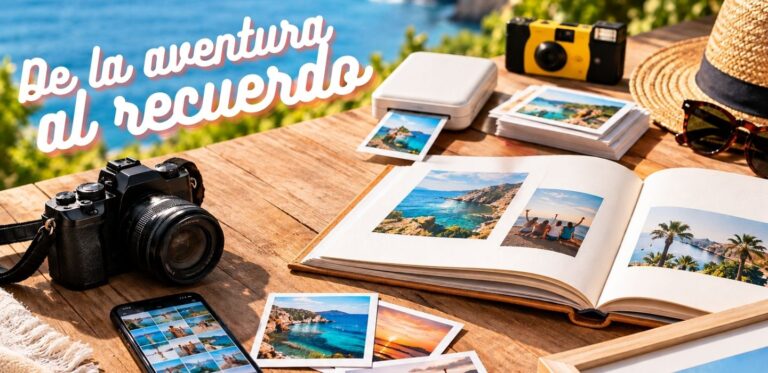 Cámara Mirrorless Con Lente Gran Angular, Impresora Portátil Y Álbum De Fotos Junto A Imágenes De Paisajes En La Mesa.