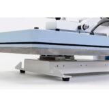Prensa térmica de transferencias, base de metal, plataforma azul para sublimación de textiles.