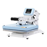 Prensa térmica de transferencia con pantalla digital y base azul para sublimación de textiles.