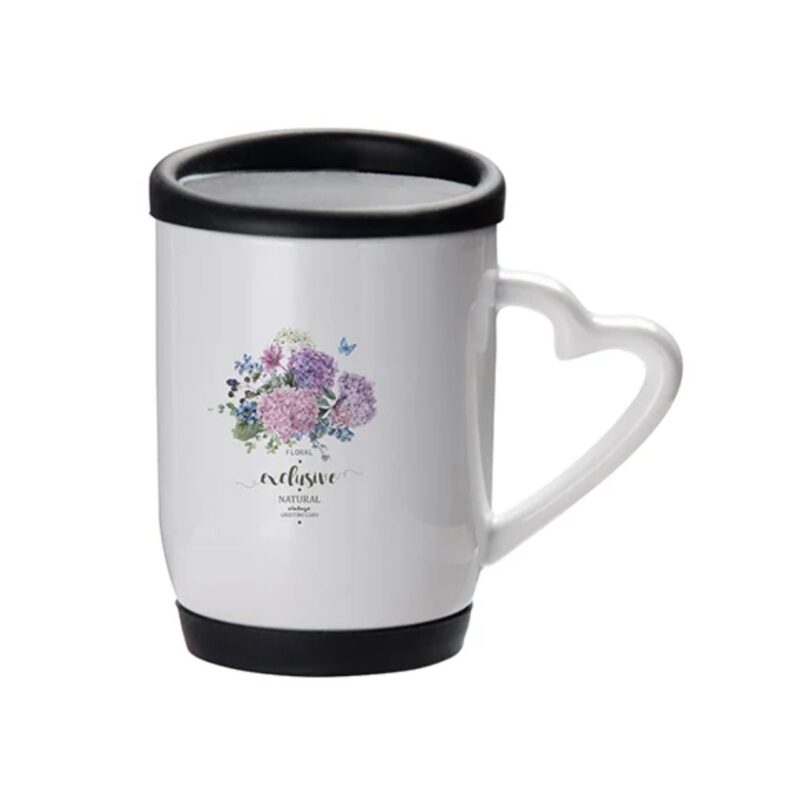 app720032-2-694 Taza blanca con diseño floral, asa en forma de corazón, ideal para café o té elegante. Regalo original y bonito.