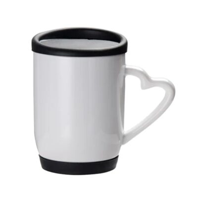 App720032 3Fd Taza Blanca Con Tapa Negra Y Asa En Forma De Corazón, Ideal Para Regalar En Eventos Especiales.