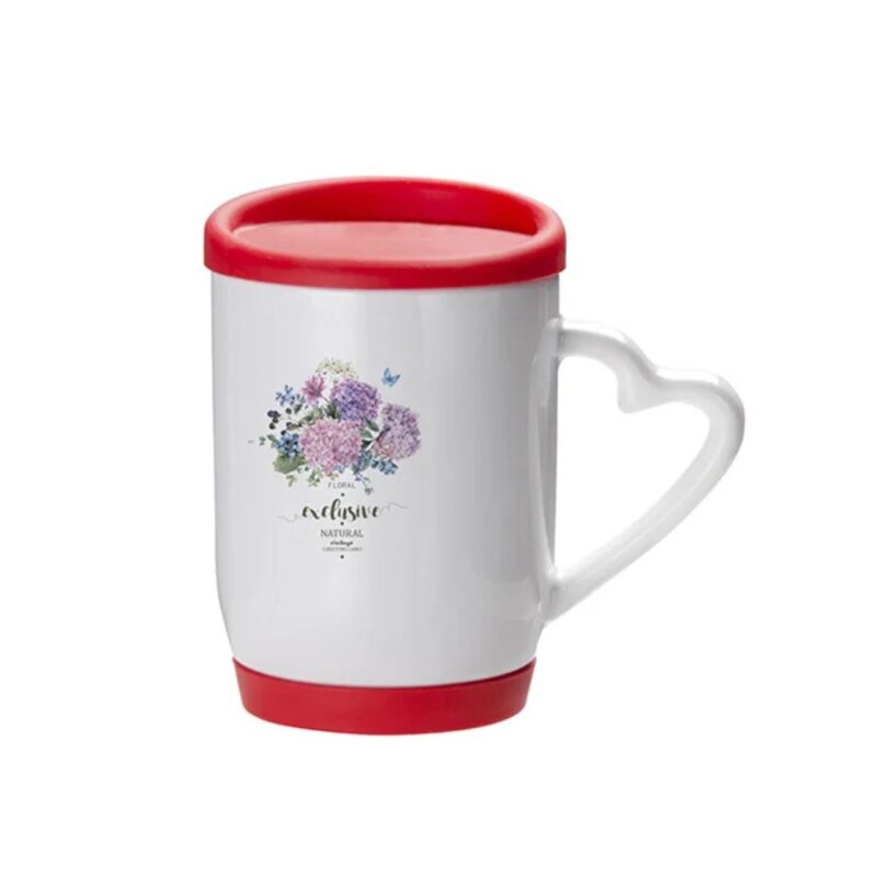 app720033-2-998 Taza de cerámica blanca con tapa roja y empuñadura en forma de corazón, decoración floral exclusiva.
